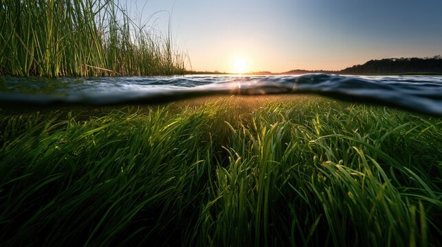 Underwater marsh grass bathed in golden sunrise light, split view