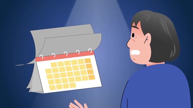2D animation of a stressed woman looking at a calendar flipping pages and checking deadline dates under spotlight