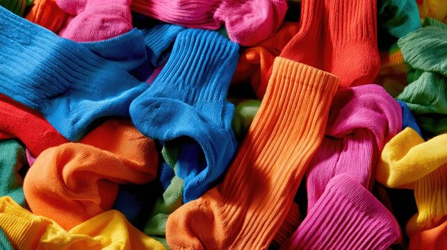 A vibrant, jumbled heap of colorful, textured socks
