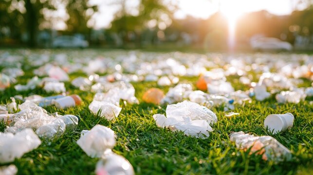 Discarded plastic littering green grass under a setting sun