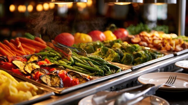 Steaming, colorful roasted vegetables displayed in chafing dishes, ready to serve