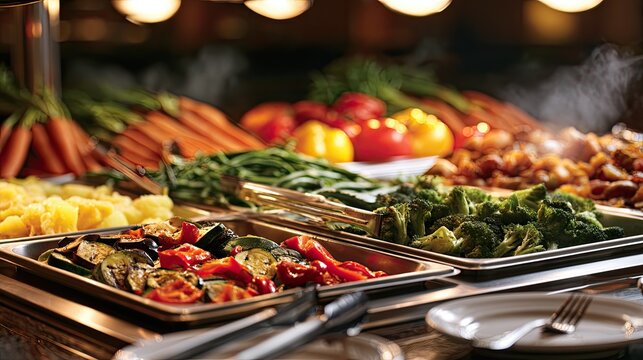 Steaming buffet display of assorted cooked and raw vegetables and starches