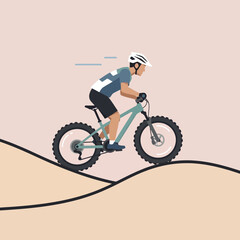Naklejka premium A person rides a bicycle on a hill in a simple, colorful illustration