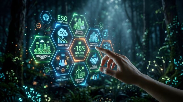 Hand touching digital interface with ESG framework icons for sustainable corporate development