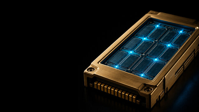 Solid state drive data storage module with glowing cyan memory chips on black background