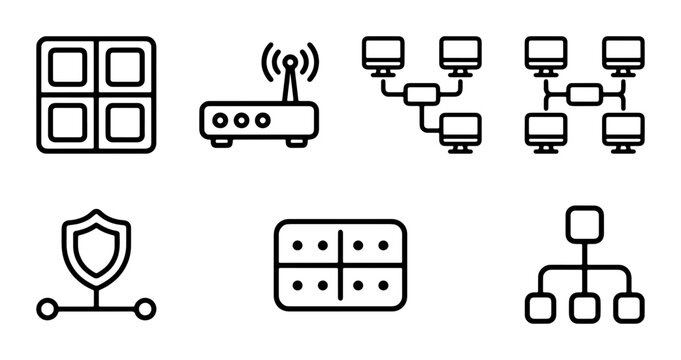 Network Infrastructure Icons Set: Router, Servers, Security Shield, Data Hub, Computer Connections, Grid Layout; Technology & Connectivity Vector Graphics