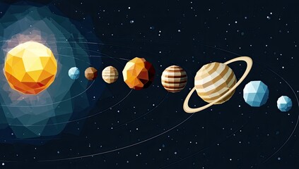 Naklejka premium Low-poly planets orbit a polygonal sun against a starry, nebulae-filled expanse