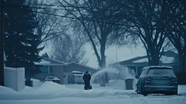 Person operating snow blower on suburban street after heavy winter snowstorm.