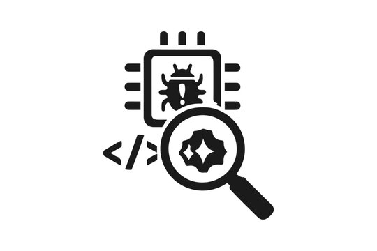 Black icon of bug in microchip with magnifying glass Vector