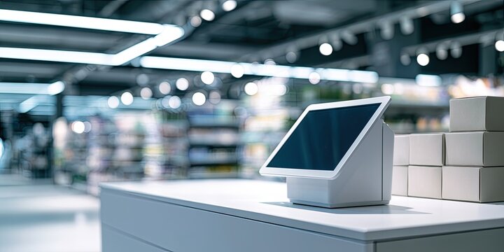 A modern retail checkout counter with a tablet and stacked boxes