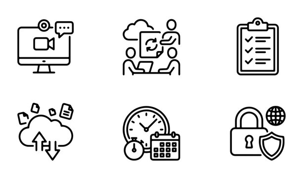 Modern Business Icons Set: Collaboration, Cloud Storage, Security, Video Calls, Task Management, Time Tracking