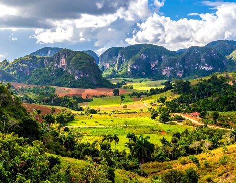 Lush Green Valley and Rocky Mountains Under Dramatic Cloudy Sky in Tropical Countryside