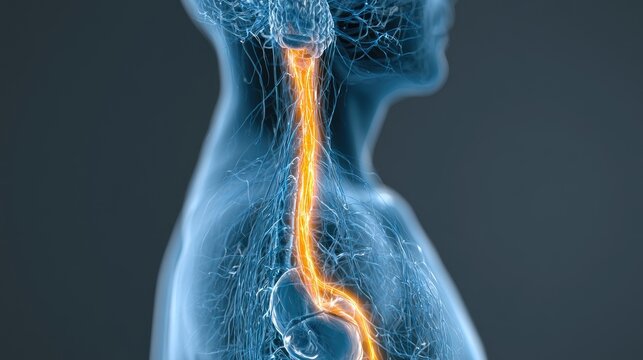 Glowing central nervous system pathway from brainstem to spine