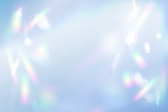 Golden holographic prism light background with blue gradient, iridescent glow, sparkles and lens flares