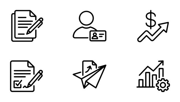 Business Icons Set: Document Signing, User ID, Financial Growth, Checklist, Paper Plane, Analytics. Clean Line Art Vector Graphics for Presentations, Websites, and Infographics.