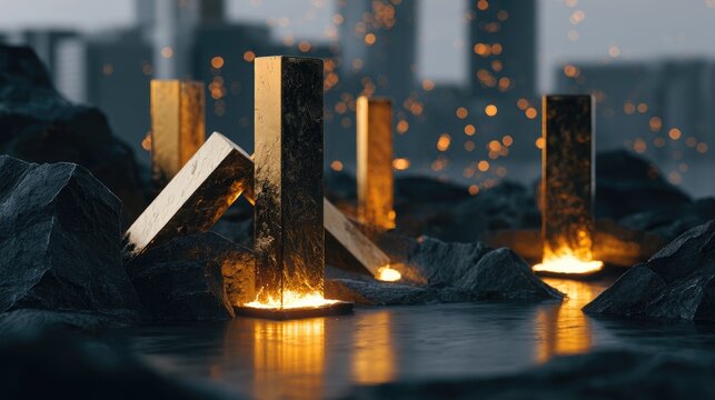 Golden pillars ignite from water on rocky terrain, city skyline blurred afar