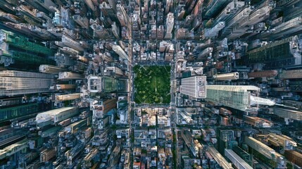 Obraz premium Aerial view of a vast urban landscape with a central green park