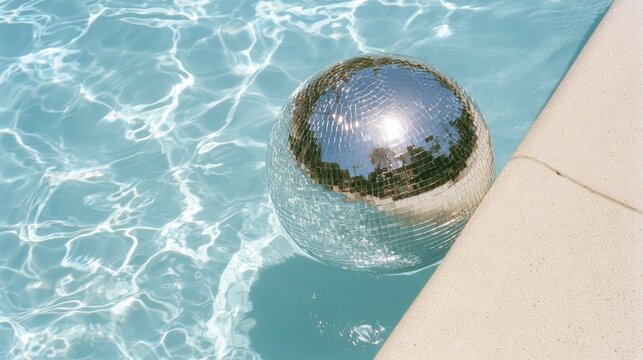 Sparkling disco ball floats on shimmering turquoise water, catching sunlight