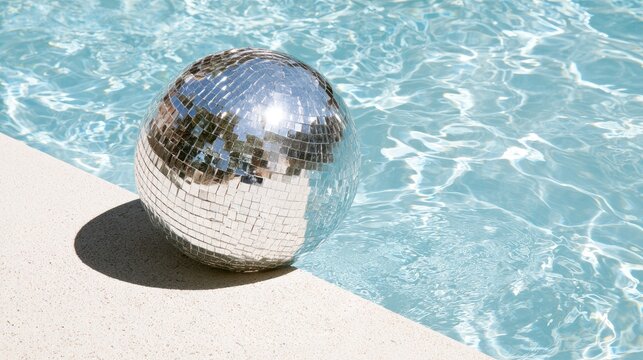 A glittering sphere rests on a pool edge, reflecting sunlight on water