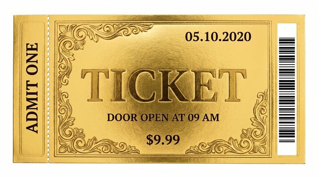 Elegant gold event ticket with vintage design and barcode
