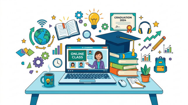 Online education symbols and icons on desk with laptop