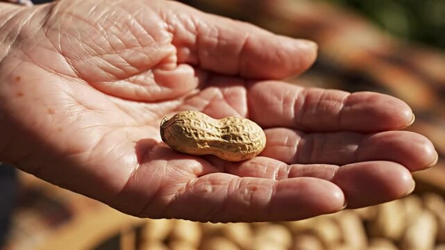 Close-up of a wrinkled hand carefully holding and examining a peanut in its shell