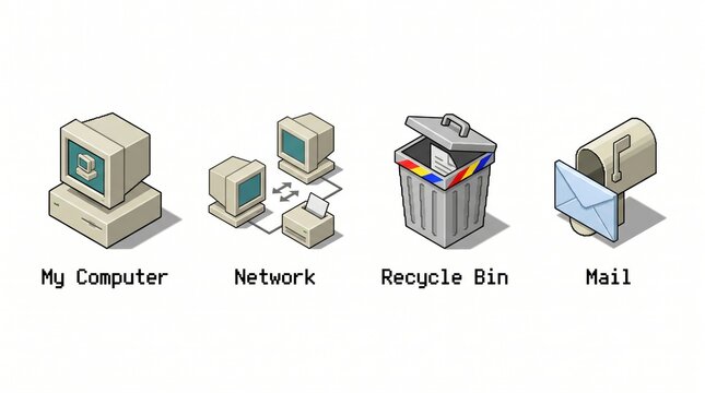 Retro digital icons set featuring my computer, network, recycle bin, and mail