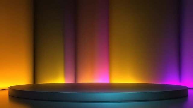 A round, dark platform sits before vertical, colored light gradients gold, pink, purple