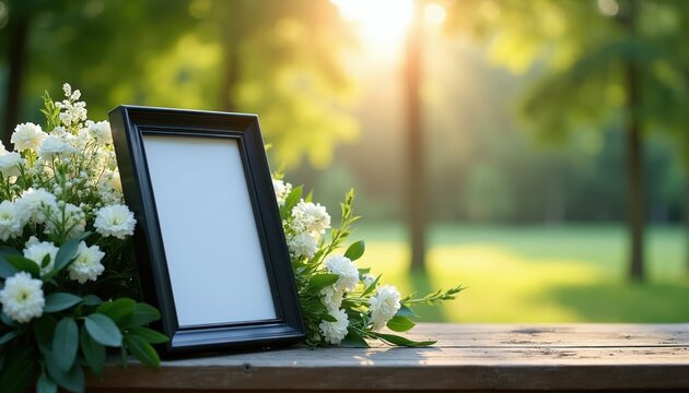 Empty picture frame with white flowers on wooden table. Peaceful outdoor setting with green trees and sunlight. Memorial remembrance and loss concept.