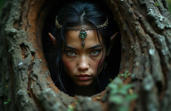 Young elf girl with pointed ears peers out from hollow tree trunk. She wears ornate headband with green gem. Woodland fairy hides in bark, mystical forest creature.