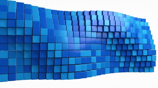 Abstract blue wave-like wall of cube blocks morphing against a white background, concept design