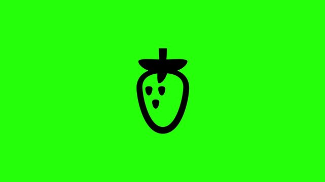 Premium 4K video showcasing a ripe garden strawberry fruit with small seed dots and a top leaf crown bouncing. Clean energetic popup animation for bakery web.