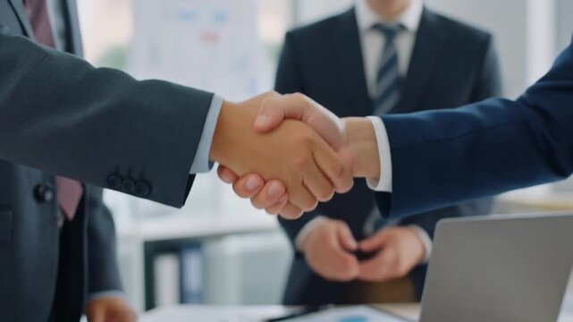 Professional business handshake symbolizing partnership, cooperation, negotiation success, mutual agreement, corporate trust, teamwork, and strategic collaboration in office setting.