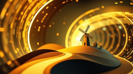 Fototapeta premium Stylized landscape features windmill, small houses. Golden light creates tunnel effect, emphasizing depth, warmth. Digital illustration.