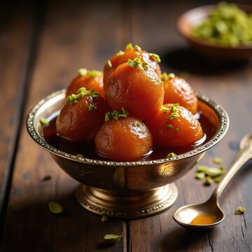 Golden brown Indian sweets gulab jamun are served in ornate bowl. Syrup soaked dessert topped with chopped pistachios, garnished with green leaves. Delicious treat on wooden table.