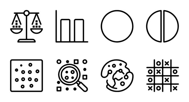 Vector Icon Set: Balance Scale, Bar Chart, Circles, Magnifying Glass, Abstract Shapes, Tic Tac Toe, Data Analysis, Business Concepts