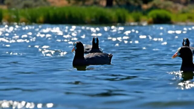 American coots swimming on a sunny blue lake during the daytime with sparkling water and green reeds in the background