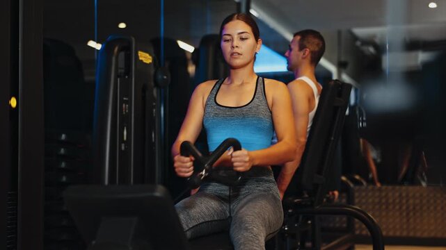 Determined young girl training her arms pulling handle of cable exercise machine in fitness hall