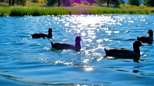 Four American coots swimming serenely in a blue lake with glistening sunlight and green foliage on the banks