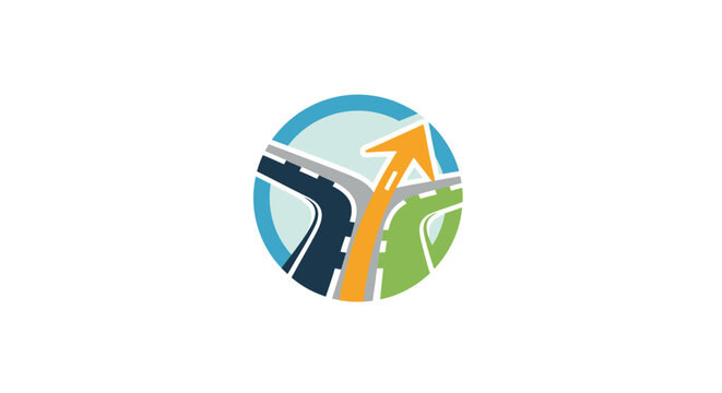 Abstract circular logo icon featuring three converging roads and an upward pointing arrow.