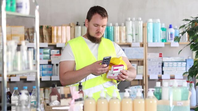 Male builder scans code on package of paracetamol pills to check the expiration date. High quality 4k footage