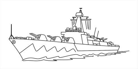 Line art drawing of a modern warship with guns sailing on wavy blue water Vector, illustration © Pabon Art Gallery
