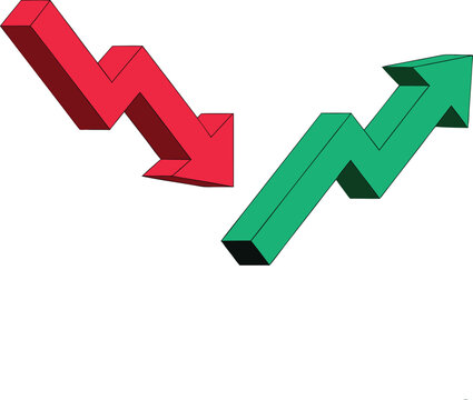Green up and red down 3d arrow graph showing rising and descending trend, boosting of business result, decrease and growing investment profit symbol