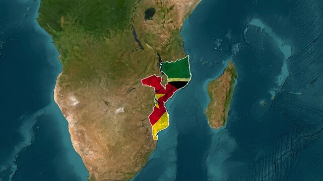 Mozambique map overlaid with national flag animated video footage