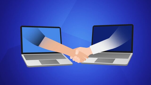 2D animation of hands coming out of two laptop screens shaking hands virtual business deal agreement technology concept