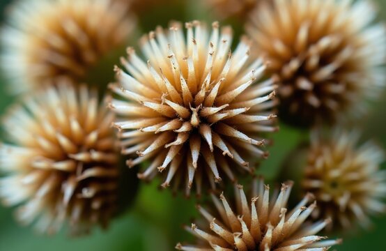 Close up of dried sow thistle seed heads in soft focus. Spiky brown and white achenes stand out against green blurred background. Macro view of Sonchus arvensis flowers.