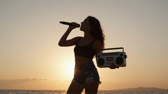 Woman singing karaoke with boombox on beach at sunset