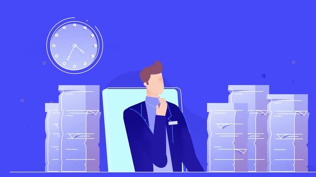 2D animated businessman sitting at desk thinking and brainstorming surrounded by huge piles of paperwork document folders