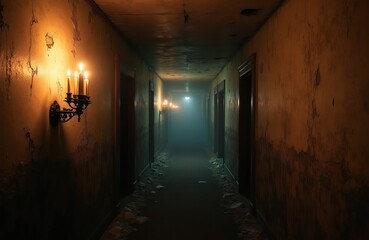 Fototapeta premium Old hallway with cracked walls and flickering candlelight. Dark, dusty corridor with doors and debris on floor. Eerie ambiance, spooky, mysterious, vintage feel.