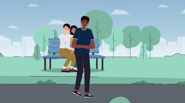2D animation of a lonely heartbroken man walking away from a romantic couple sitting together on a bench in the park